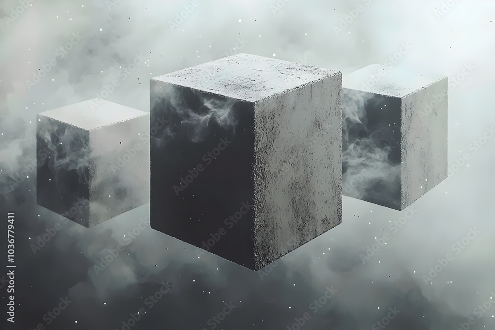 Poster three floating, textured cubes surrounded by mist and cosmic elements, creating a mysterious and eth