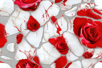 Seamless pattern featuring realistic red roses and marble-like white and red textures with silver...