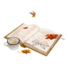 Open book lies isolated on white background. Watercolor digital illustration. Porcelain cup of coffee with chocolate foam and autumn leaves. For school and student theme. Round glasses in thin frame