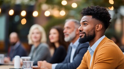 Obraz premium A group of people are sitting at a table, one of whom is a man with a beard