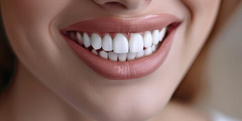 Obraz premium Close-up of a persons smiling mouth, highlighting morning self-care and oral hygiene, focusing on clean teeth and gum protection against a white background