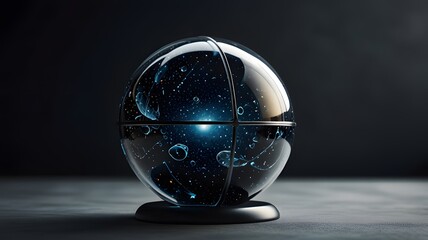 A blue electricity ball isolated on transparent background, shiny black sphere on dark background, studio shot of a glossy black ball reflecting light and elegant smooth marble background.
