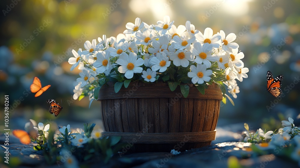 Poster enchanting 3d rendering of a rustic wooden basket filled with white flowers surrounded by playful bu
