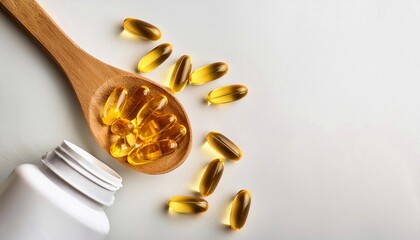 Omega-3 capsules lie in white bottle on a table with some capsules on wooden spoon on white background. Fish oil tablets. Biologically active additives. omega 6, omega 9, vitamin A, E, D, vitamin D3 
