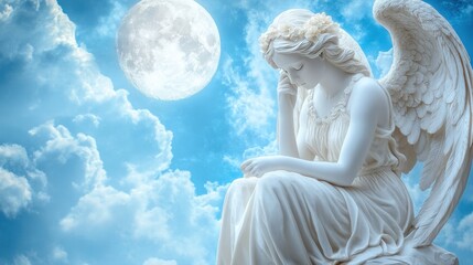 A white angel statue sits against a blue sky with a full moon and clouds.
