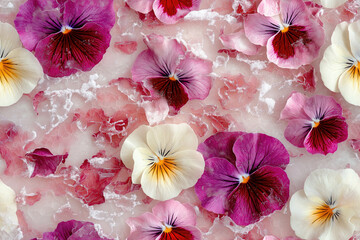 Seamless pattern featuring delicate pansy and viola flowers in pastel shades of pink, purple, and orange, appearing slightly frozen with a soft, ethereal texture. Ideal for decorative design.