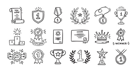 Awards doodle, trophy cups, first place medals and diploma set. Hand drawn champion trophy cup and gold medal. Drawing award decorative isolated icons. 