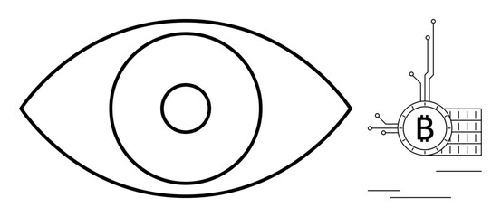 A black outline of an eye with a circle inside, next to a digital representation of a Bitcoin coin, featuring circuit lines. Ideal for cryptocurrency, financial security, blockchain technology