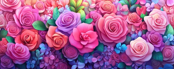Vibrant pink and purple floral pattern with roses and petals