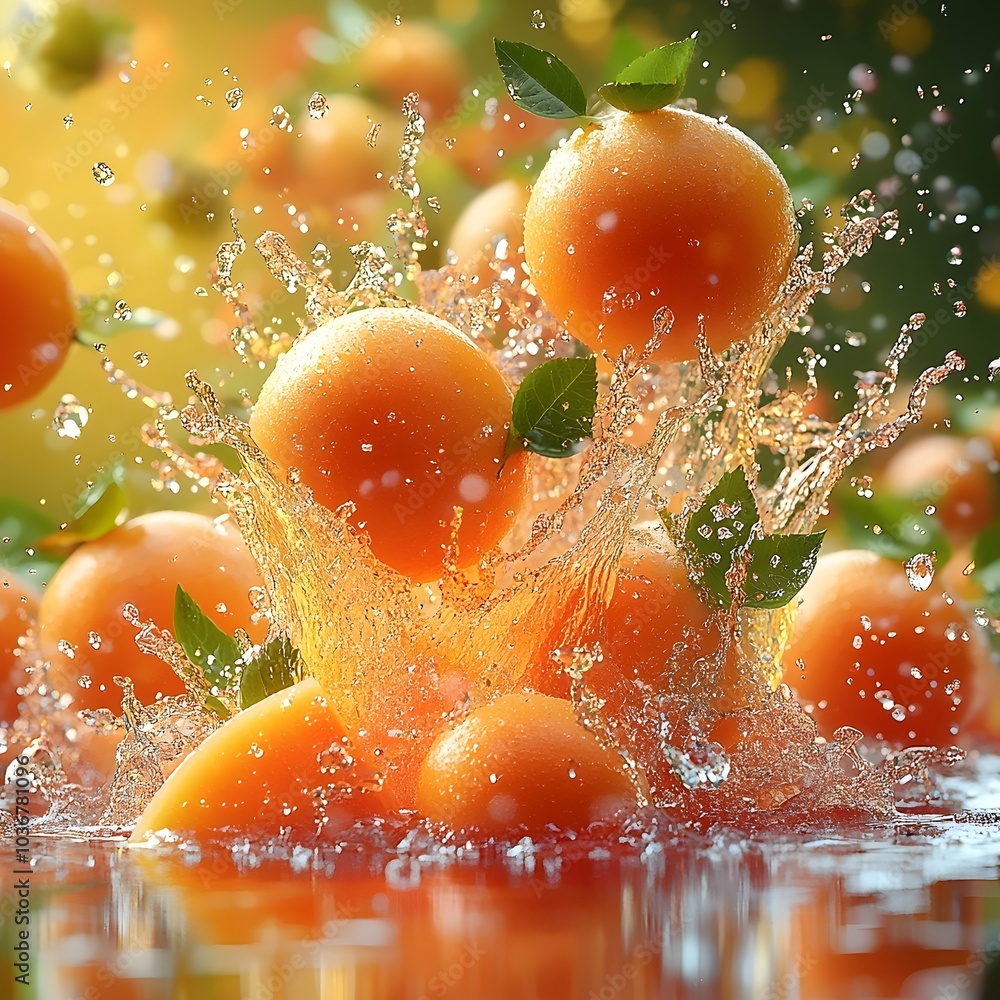 Poster vibrant oranges splashing in water, surrounded by waves and droplets, creating a refreshing and joyf