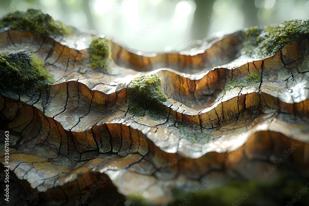 Poster close-up of a textured tree bark, showcasing intricate waves and moss, with soft light filtering thr
