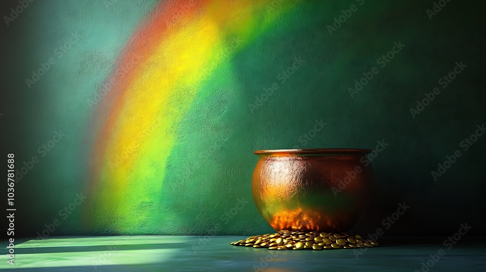 Poster enchanting depiction of a pot of gold resting at the base of a brilliant rainbow complemented by a m