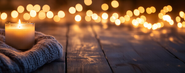 cosy christmassy interior with warm lights & single candle standing on the wooden floor; hanukkah tradition, jewish holiday, tradition mixed with modernity