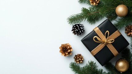 A festive arrangement featuring a black gift box, pine cones, and decorative ornaments.