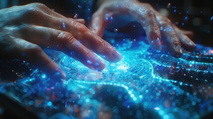 Fototapeta premium Holographic display showcasing hands using a smartphone for social media interaction, representing advanced communication and global connectivity for messaging