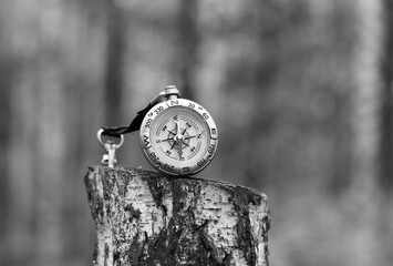 Naklejka premium Classic navigation compass on natural background