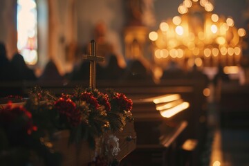 Gathering for support during a funeral, with individuals mourning and expressing grief in a religious setting over a casket