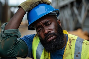 Fototapeta premium Frustrated architect experiencing stress and mental health burnout while on a rooftop, dealing with headaches and pressure during construction work