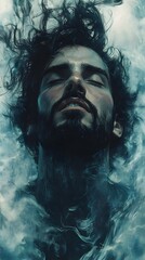 A serene portrait of a young Middle-Eastern man submerged in water, eyes closed, surrounded by ethereal swirls of blue and aqua, evoking tranquility and introspection.