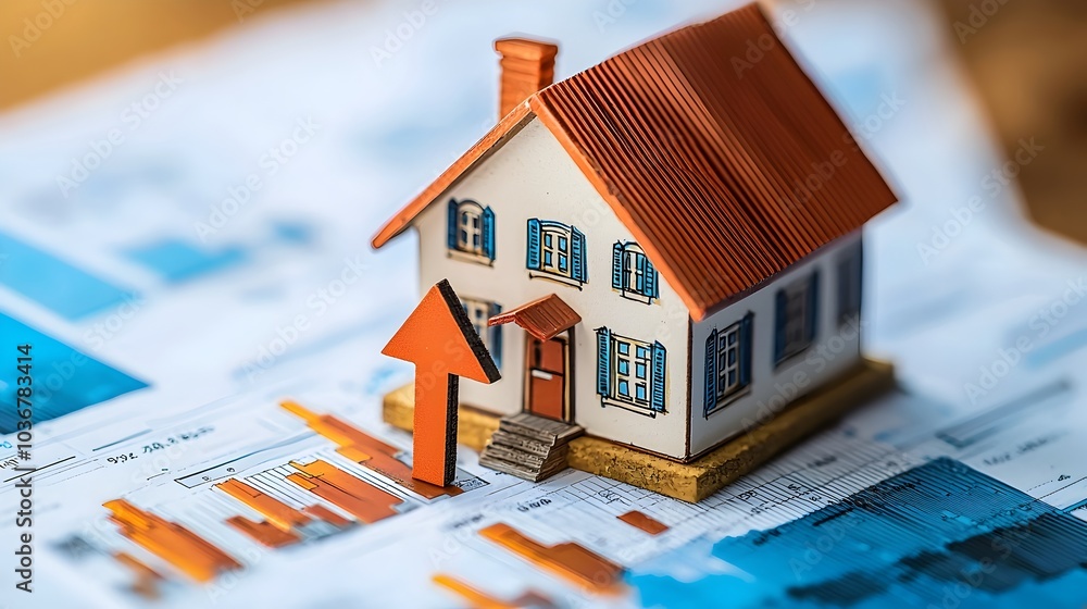 Poster miniature house model with upward arrow on financial graph representing property value growth