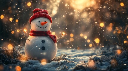 Obraz premium Cheerful Snowman in Red Hat and Scarf Surrounded by Falling Snowflakes in Winter Wonderland