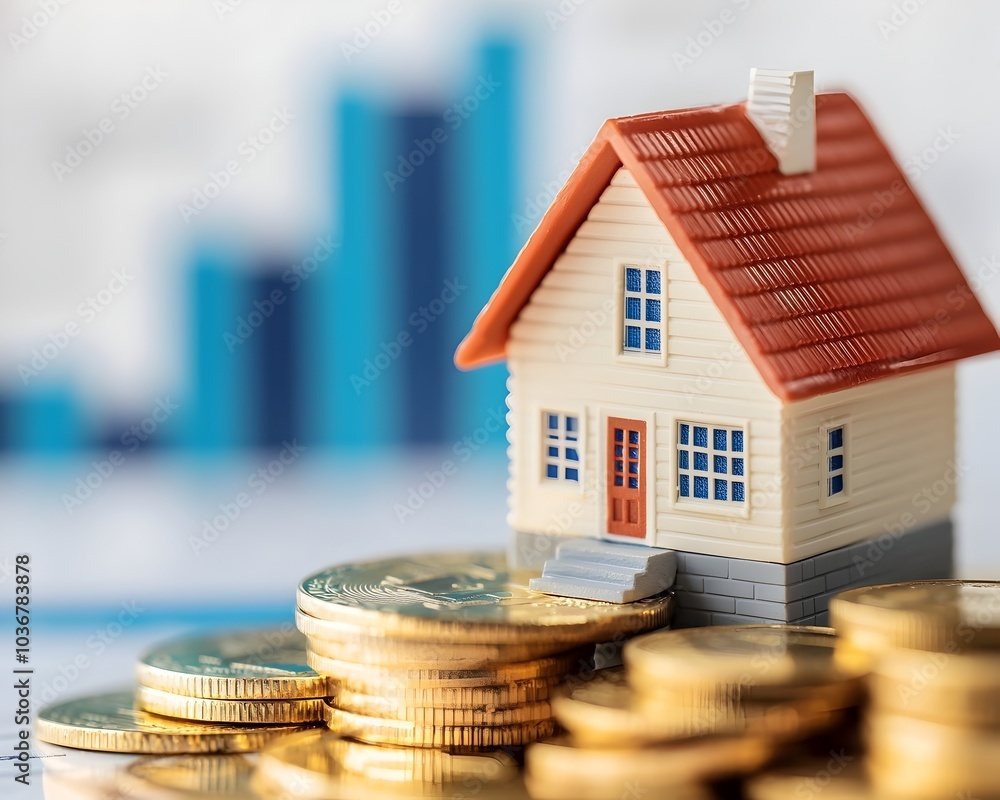 Poster miniature house model on gold coin with financial graph visualizing property value appreciation