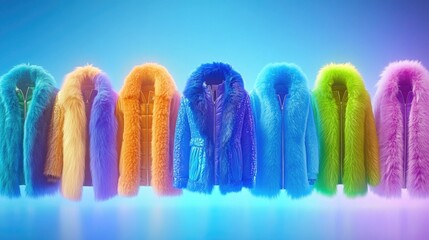 Colorful neon fur coats display: vibrant fashion in gradient lighting