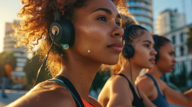 Group outdoor workout showing diversity, with friends stretching before a morning run on urban streets. Emphasizing fitness, teamwork, and a healthy lifestyle in summer