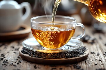 A steaming cup of tea is being poured from a teapot, surrounded by dried tea leaves, creating a warm and inviting atmosphere.
