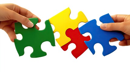 Multiple hands connecting jigsaw puzzle pieces, symbolizing teamwork, collaboration, and business strategy.