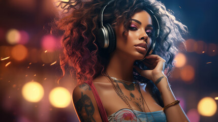 generated illustration contemporary tattooed woman listening to music