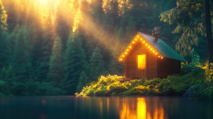 Fototapeta premium Cozy cabin with warm lights by serene lakeside at dawn in forest setting