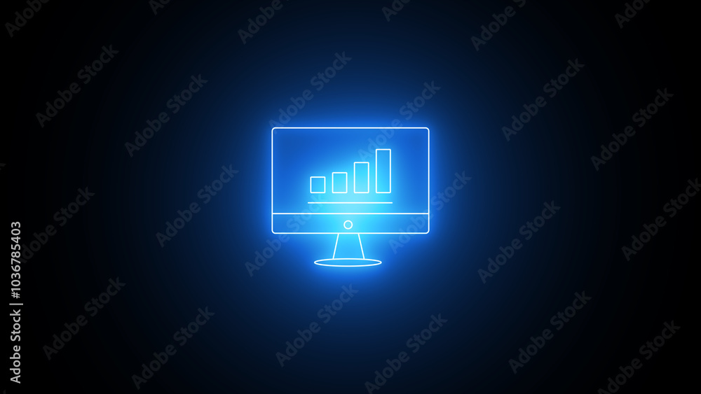 Poster glowing neon line business growth graph with monitor icon on the black background. data analysis and