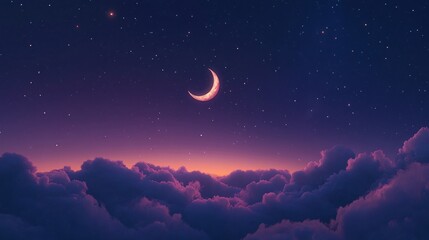 A serene night sky filled with stars and a crescent moon above soft, fluffy clouds, casting a peaceful twilight glow over the horizon.