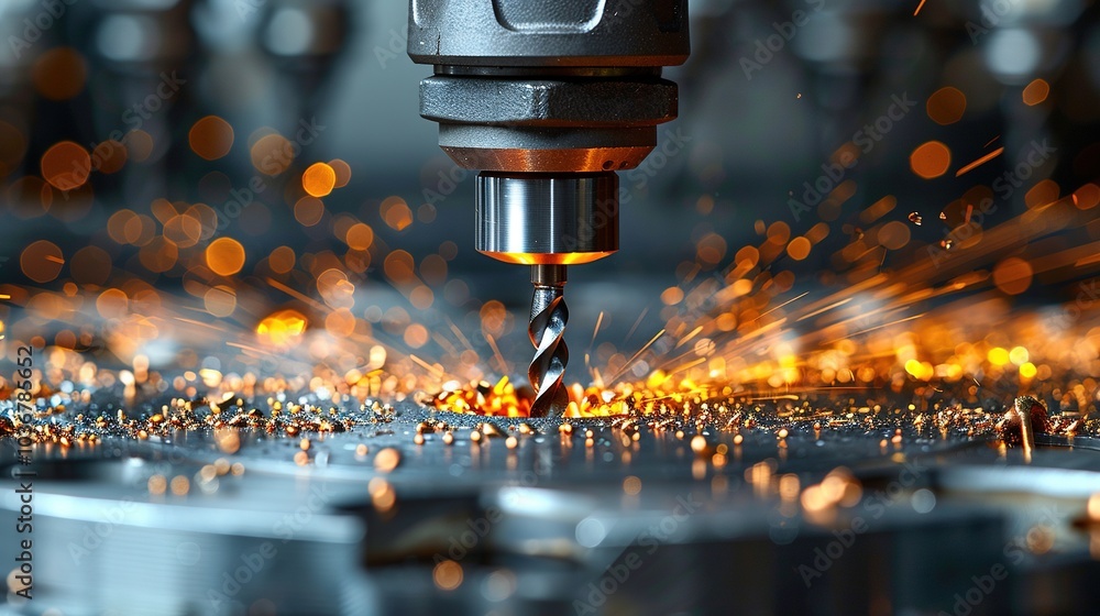 Aufkleber a close-up of a drill bit creating sparks while machining metal.