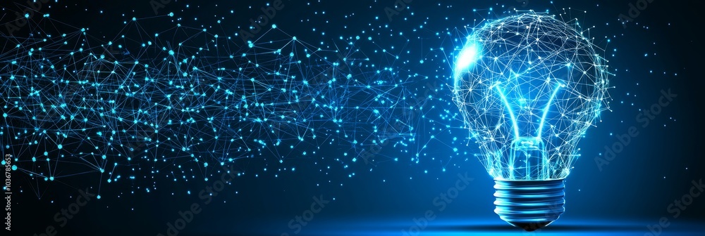 Poster innovative idea concept, abstract light bulb with glowing lines and particles, 3d rendering