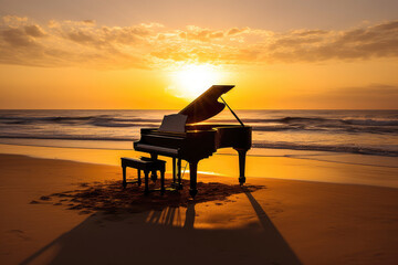 Fototapeta premium generated illustration grand piano with sheet music on it, on a beach with waves crashing in the background