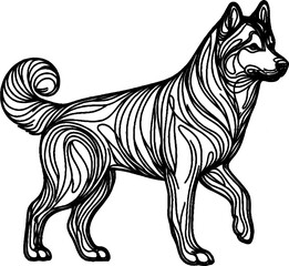 Black Grunge Style Line Art Husky Dog Walking Pose Hand Drawn Illustration