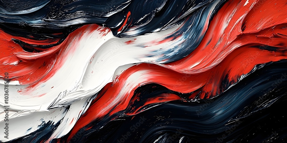 Poster abstract composition featuring dynamic brush strokes in red, white, and deep blue, creating a bold a