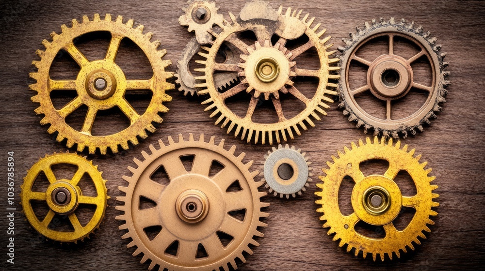 Poster steampunk background featuring a mix of rusty cogs and gears, creating an intricate mechanical desig