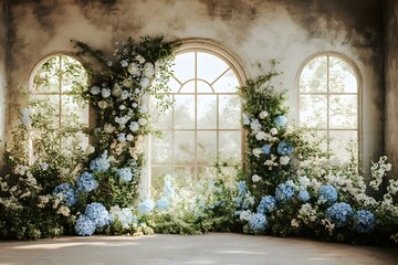 An enchanting wedding backdrop with lush greenery generative AI	
