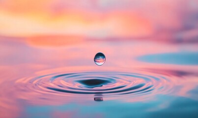 A close-up view of a water droplet creating ripples on the surface, capturing the beauty of nature with soft hues in the background.