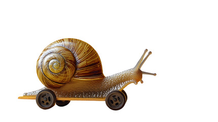 Speedy snail with wheels on yellow background. Concept of speed and success. Speed increase, reptile courier delivery, transportation, efficient fast movement, time saving fast delivery concept