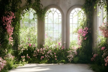 An enchanting wedding backdrop with lush greenery generative AI	

