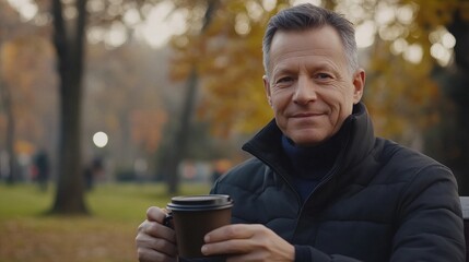 Fototapeta premium Middle-aged man with slight tremor holding cup of coffee on park bench, symbolizing struggle with Parkinson's disease, calm natural setting.