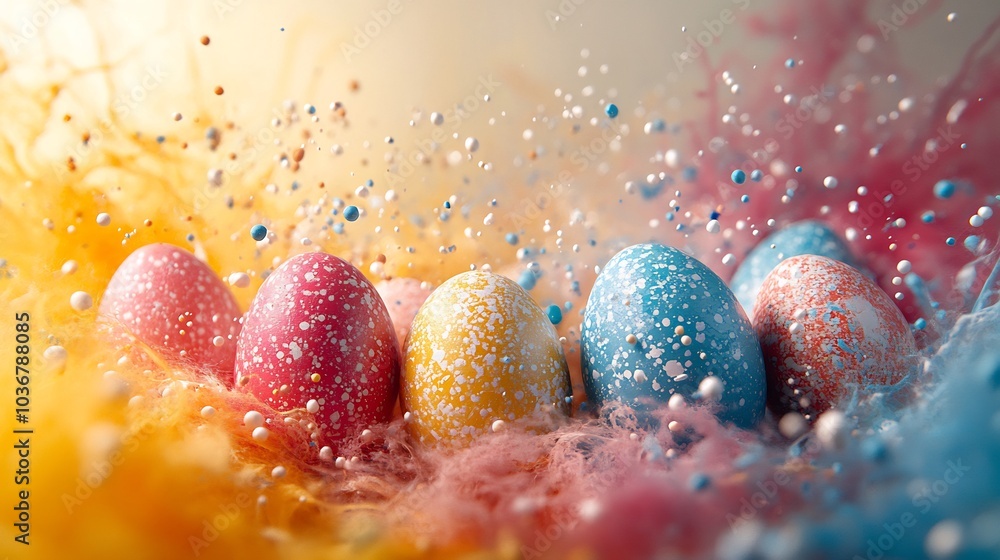 Poster energetic easter egg explosion featuring a mix of painted eggs bursting apart with splashes of color