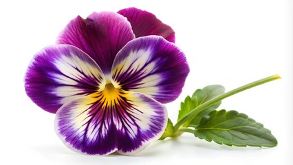 A vibrant pansy flower on a white background, highlighting its colorful petals and soft texture.