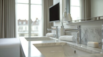 A modern bathroom sink area with elegant fixtures and soft towels, showcasing cleanliness and style.