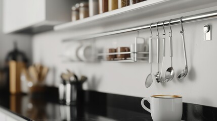 A modern kitchen scene featuring utensils, spices, and a coffee cup on a counter.