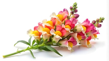 A vibrant snapdragon flower on a white background, showcasing its colorful blooms and unique shape.